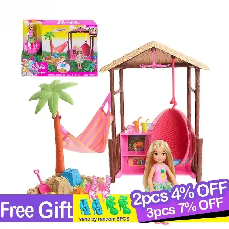 Original Barbie Chelsea Puppe Strand Hütte Reise Themen Spielset Sand Spielzeug Puppe Zubehör Mädchen Puppenhaus Spielzeug für Kinder Boneca
