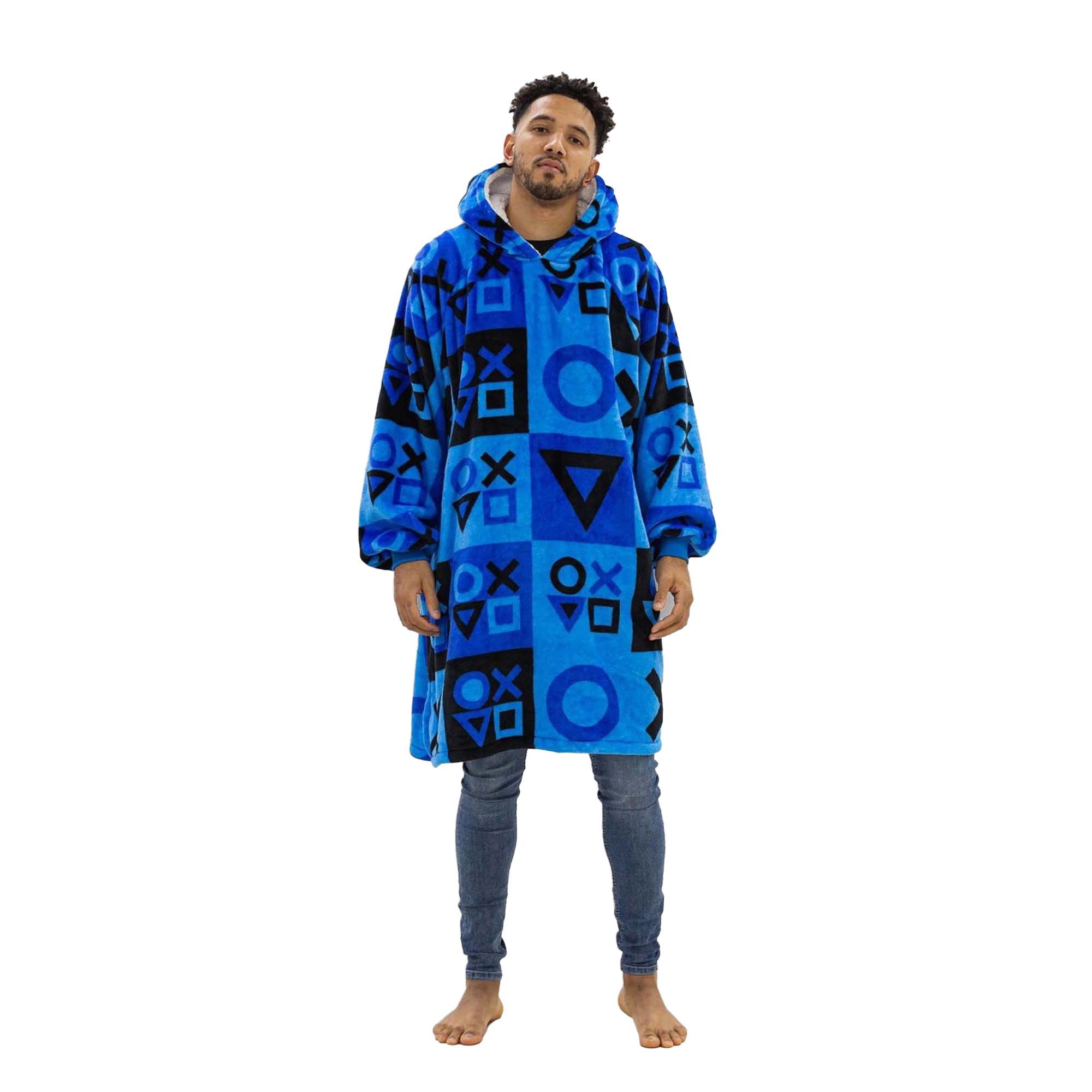 Playstation Unisex Erwachsene Kariertes Fleece Sherpa gefütterter Übergroßer Decken-Hoodie One Size blau/schwarz