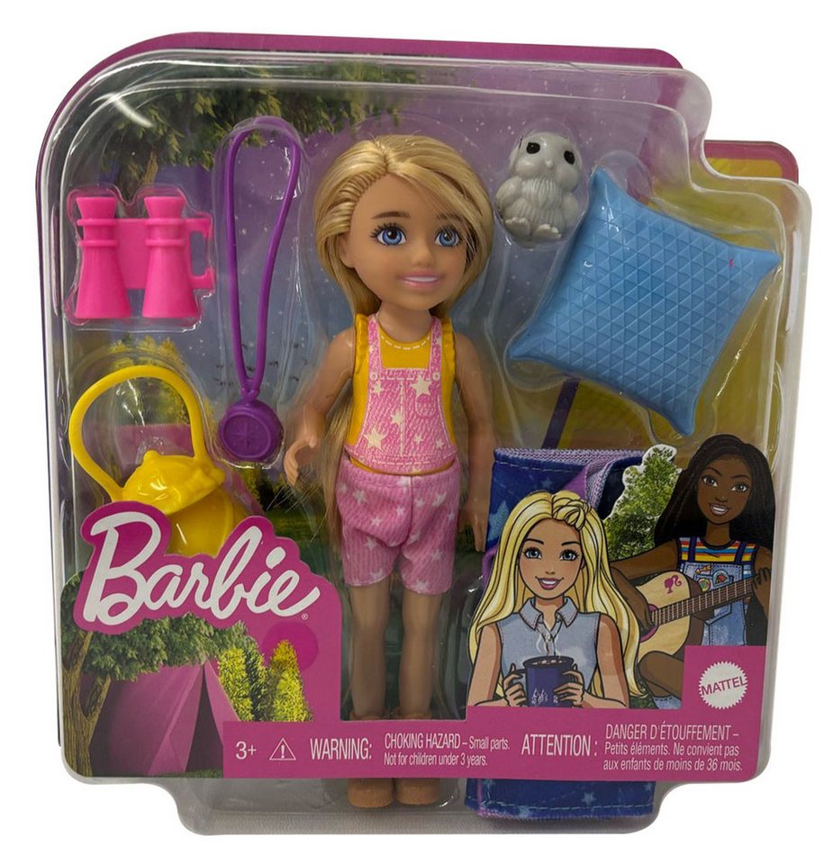 Barbie Stehpuppe Barbie Chelsea Blonde Puppe mit Campingausrüstung, Schlafsack, Eule, L Barbie Stehpuppe Barbie Chelsea Blonde Puppe mit Campingausrüstung