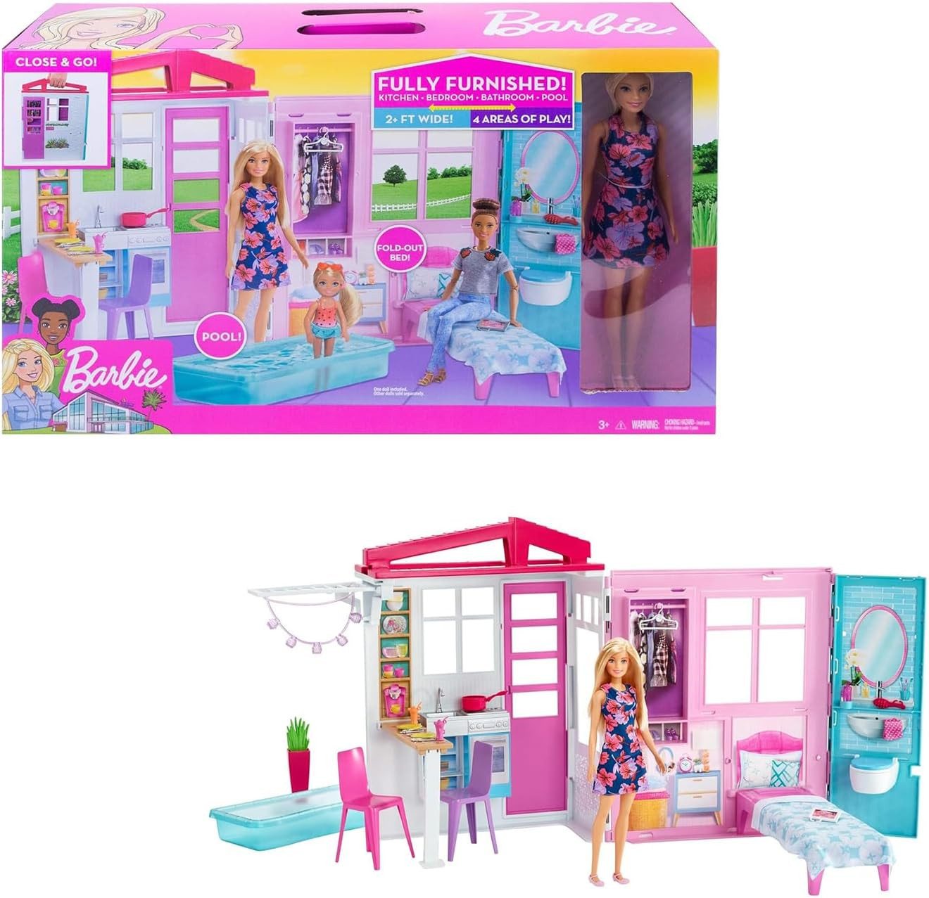 Barbie Puppenhaus Barbie-Haus mit Küche Schlafzimmer Badezimmer Puppe 3+ GWY84