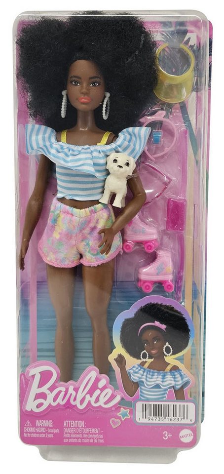 Barbie Stehpuppe Mattel HPL77 Barbie Puppe mit Afro Style Rollschuhe Pink trendiges Out